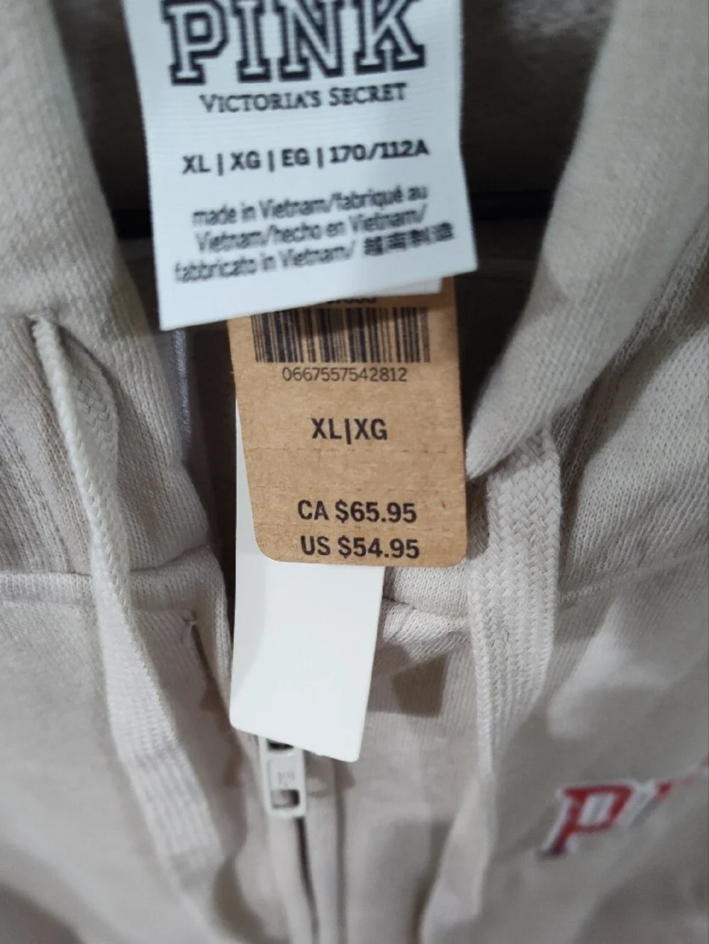 PINK Victoria's Secret Beige Zip-Up Hoodie with Red Logo - Picture 7 of 7